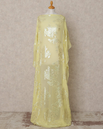 Lemon Yellow Somali Chiffon Dirac with Floral Metallic Lurex Design, 3.5 Mtrs, Width 140 Cms, Made in South Korea-D24036