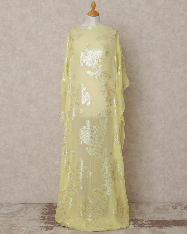 Lemon Yellow Somali Chiffon Dirac with Floral Metallic Lurex Design, 3.5 Mtrs, Width 140 Cms, Made in South Korea-D24036