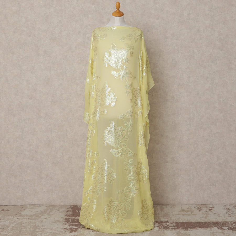 Lemon Yellow Somali Chiffon Dirac with Floral Metallic Lurex Design, 3.5 Mtrs, Width 140 Cms, Made in South Korea-D24036