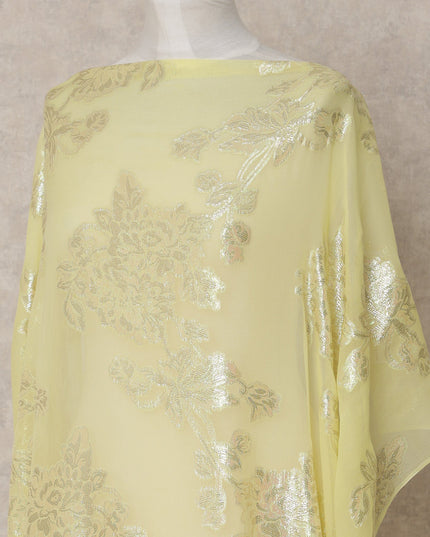 Lemon Yellow Somali Chiffon Dirac with Floral Metallic Lurex Design, 3.5 Mtrs, Width 140 Cms, Made in South Korea-D24036