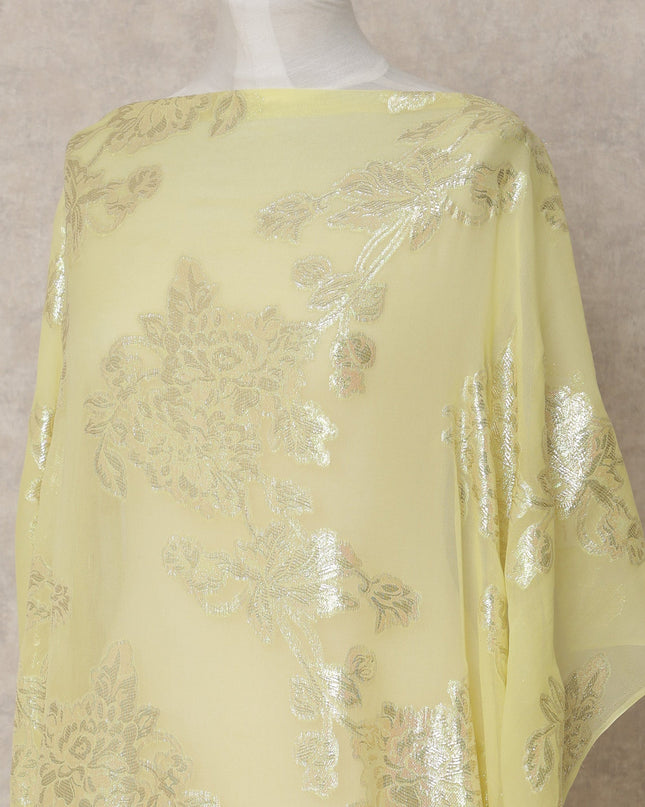 Lemon Yellow Somali Chiffon Dirac with Floral Metallic Lurex Design, 3.5 Mtrs, Width 140 Cms, Made in South Korea-D24036