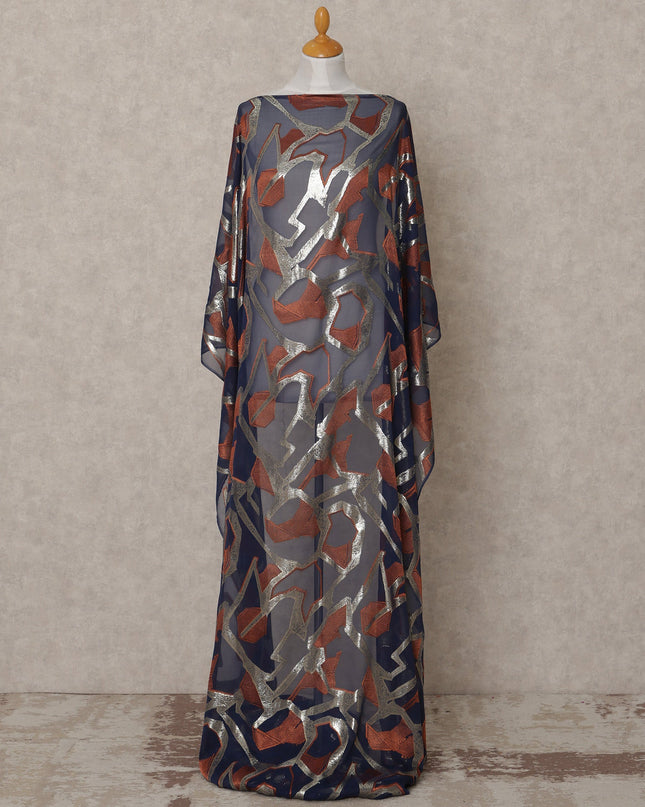 Navy Blue Somali Chiffon Dirac with Rust & Silver Abstract Metallic Lurex Design, 3.5 Mtrs, Width 140 Cms, Made in South Korea-D24038