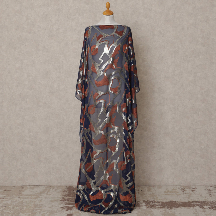 Navy Blue Somali Chiffon Dirac with Rust & Silver Abstract Metallic Lurex Design, 3.5 Mtrs, Width 140 Cms, Made in South Korea-D24038