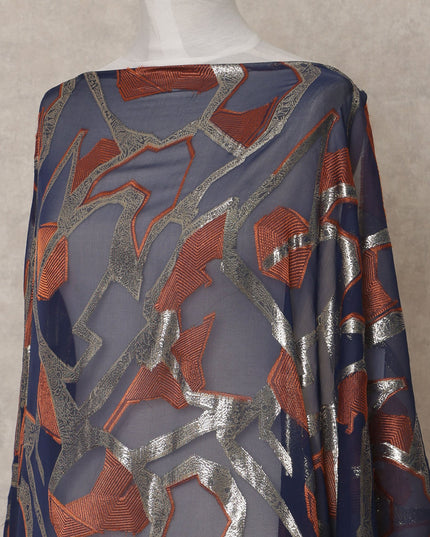 Navy Blue Somali Chiffon Dirac with Rust & Silver Abstract Metallic Lurex Design, 3.5 Mtrs, Width 140 Cms, Made in South Korea-D24038