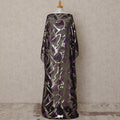 Black Somali Chiffon Dirac with Purple & Silver Abstract Metallic Lurex Design, 3.5 Mtrs, Width 140 Cms, Made in South Korea-D24039