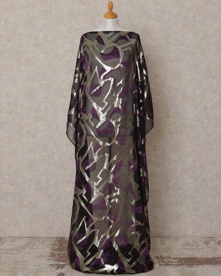 Black Somali Chiffon Dirac with Purple & Silver Abstract Metallic Lurex Design, 3.5 Mtrs, Width 140 Cms, Made in South Korea-D24039