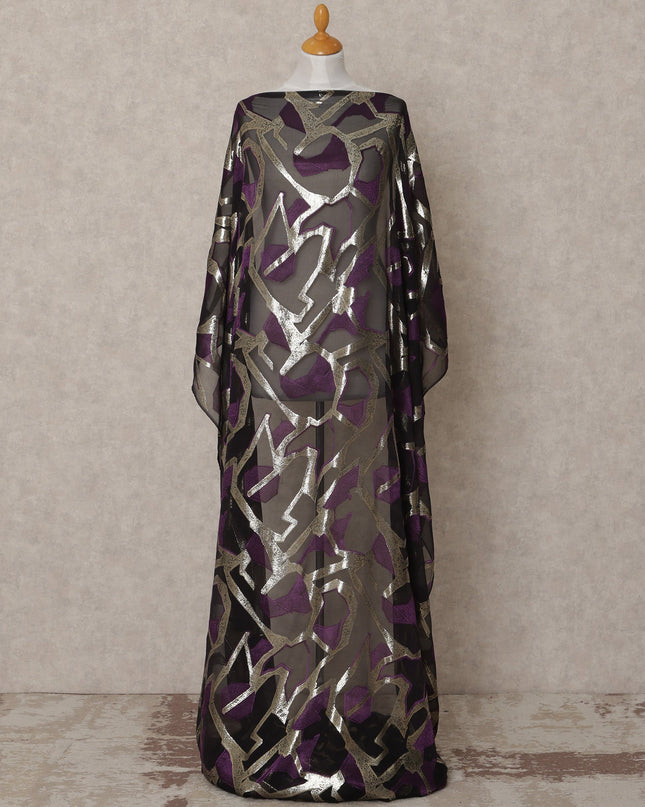 Black Somali Chiffon Dirac with Purple & Silver Abstract Metallic Lurex Design, 3.5 Mtrs, Width 140 Cms, Made in South Korea-D24039