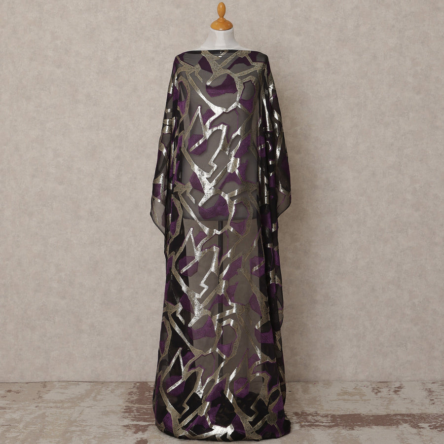 Black Somali Chiffon Dirac with Purple & Silver Abstract Metallic Lurex Design, 3.5 Mtrs, Width 140 Cms, Made in South Korea-D24039