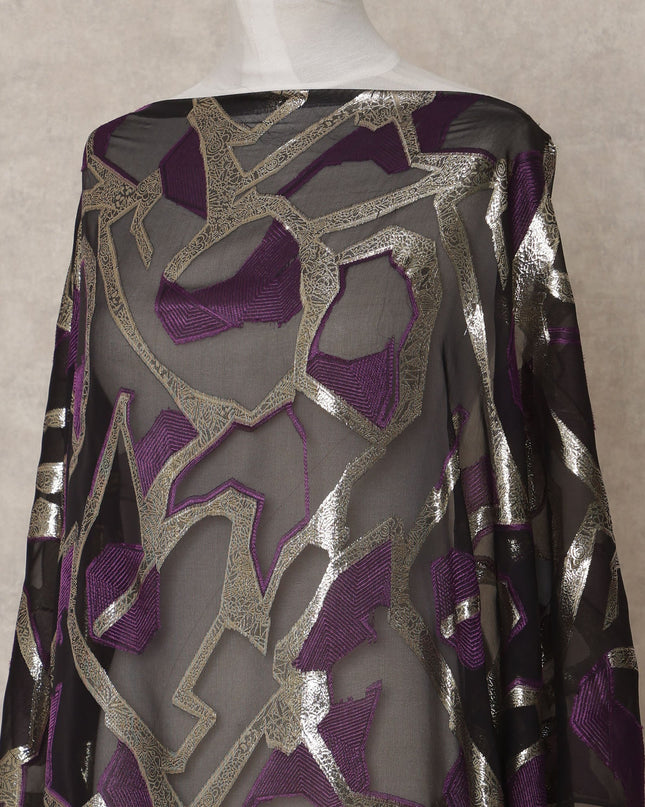 Black Somali Chiffon Dirac with Purple & Silver Abstract Metallic Lurex Design, 3.5 Mtrs, Width 140 Cms, Made in South Korea-D24039