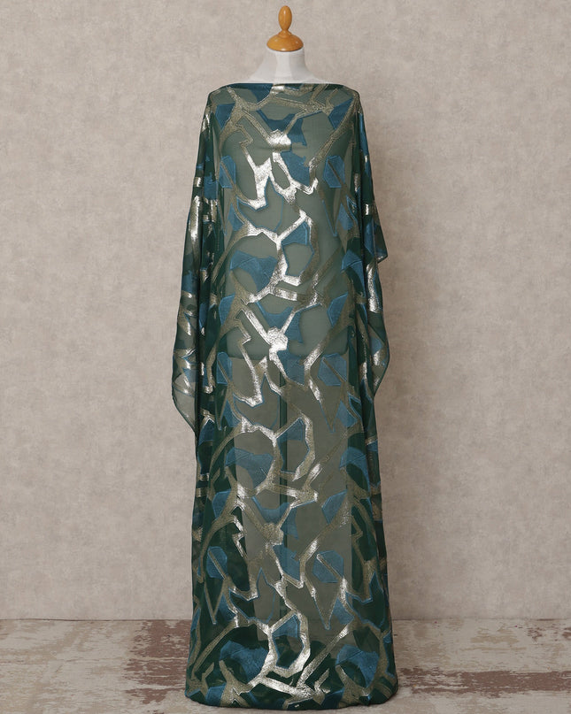 Emerald Green Somali Chiffon Dirac with Teal & Silver Abstract Metallic Lurex Design, 3.5 Mtrs, Width 140 Cms, Made in South Korea-D24040 - Regal Fabrics