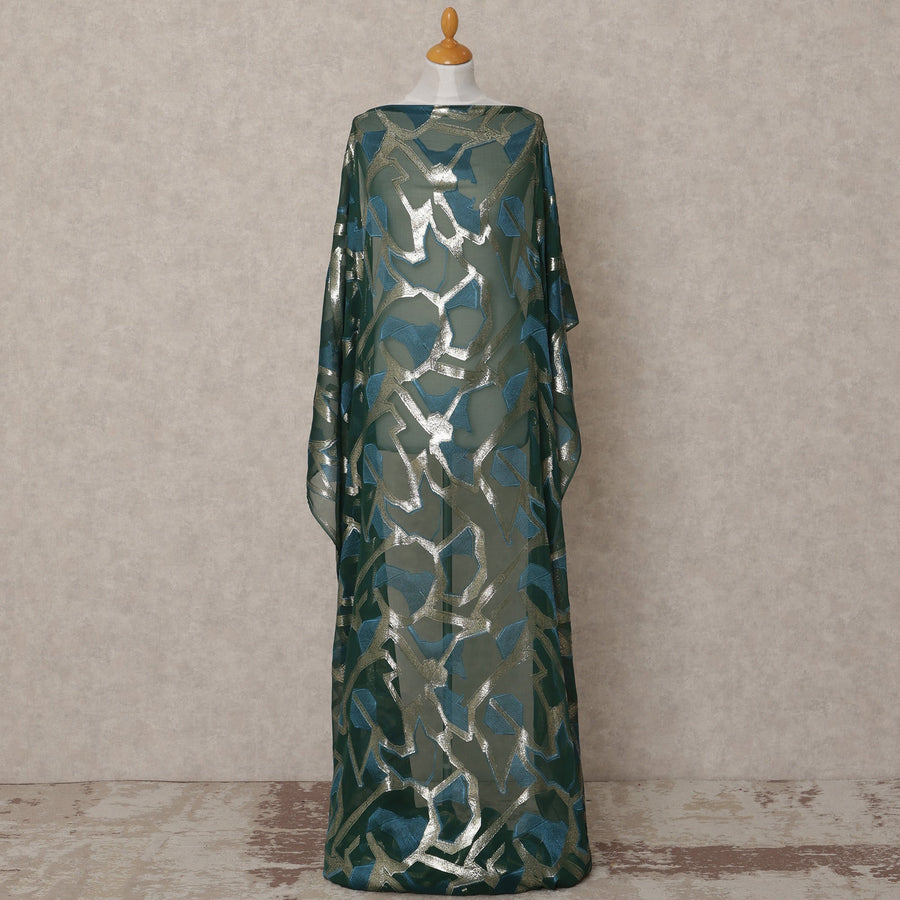 Emerald Green Somali Chiffon Dirac with Teal & Silver Abstract Metallic Lurex Design, 3.5 Mtrs, Width 140 Cms, Made in South Korea-D24040 - Regal Fabrics