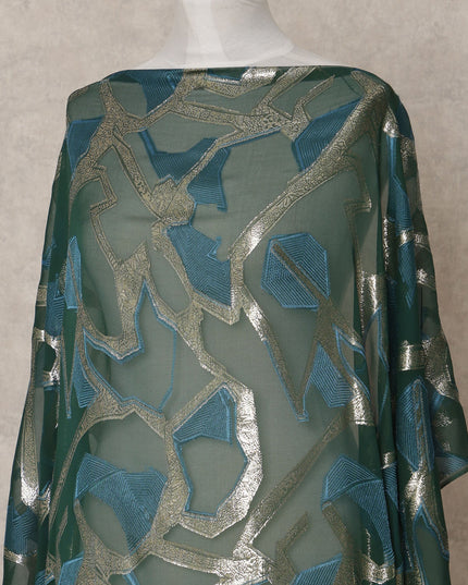 Emerald Green Somali Chiffon Dirac with Teal & Silver Abstract Metallic Lurex Design, 3.5 Mtrs, Width 140 Cms, Made in South Korea-D24040 - Regal Fabrics