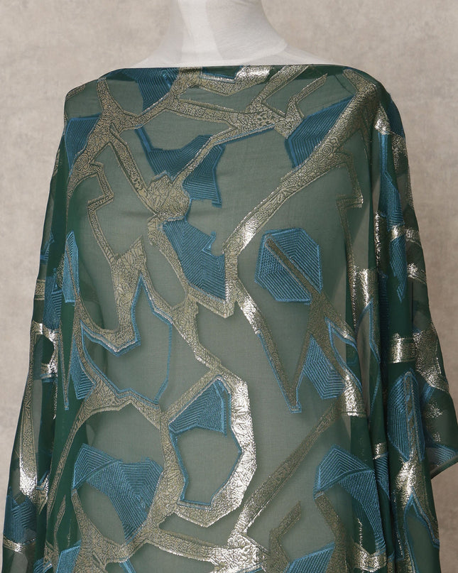 Emerald Green Somali Chiffon Dirac with Teal & Silver Abstract Metallic Lurex Design, 3.5 Mtrs, Width 140 Cms, Made in South Korea-D24040 - Regal Fabrics