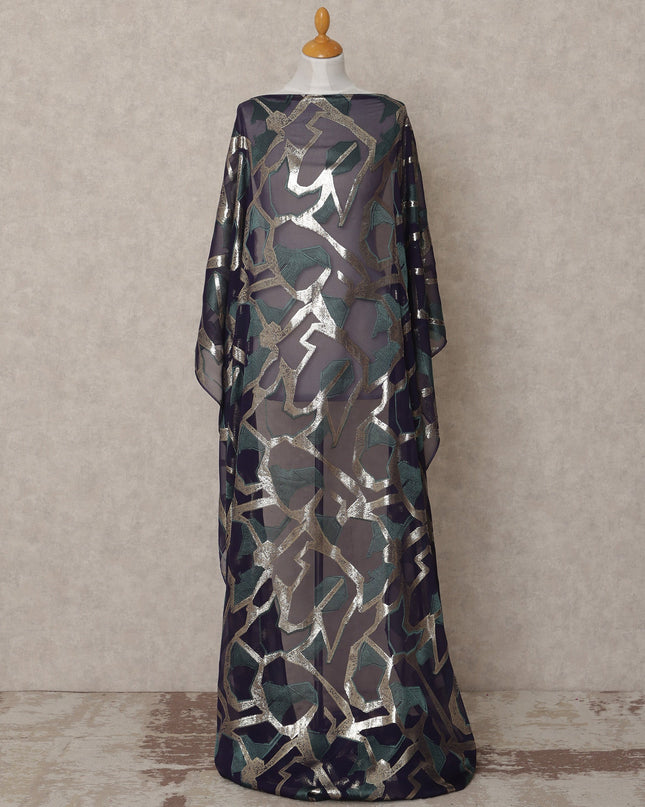 Navy Blue Somali Chiffon Dirac with Green & Silver Abstract Metallic Lurex Design, 3.5 Mtrs, Width 140 Cms, Made in South Korea-D24041 Regal Fabrics