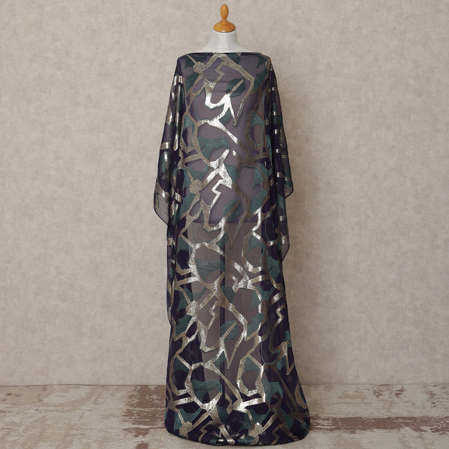 Navy Blue Somali Chiffon Dirac with Green & Silver Abstract Metallic Lurex Design, 3.5 Mtrs, Width 140 Cms, Made in South Korea-D24041 Regal Fabrics