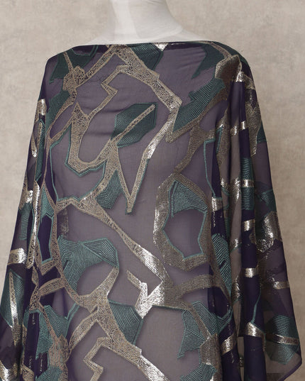 Navy Blue Somali Chiffon Dirac with Green & Silver Abstract Metallic Lurex Design, 3.5 Mtrs, Width 140 Cms, Made in South Korea-D24041 Regal Fabrics