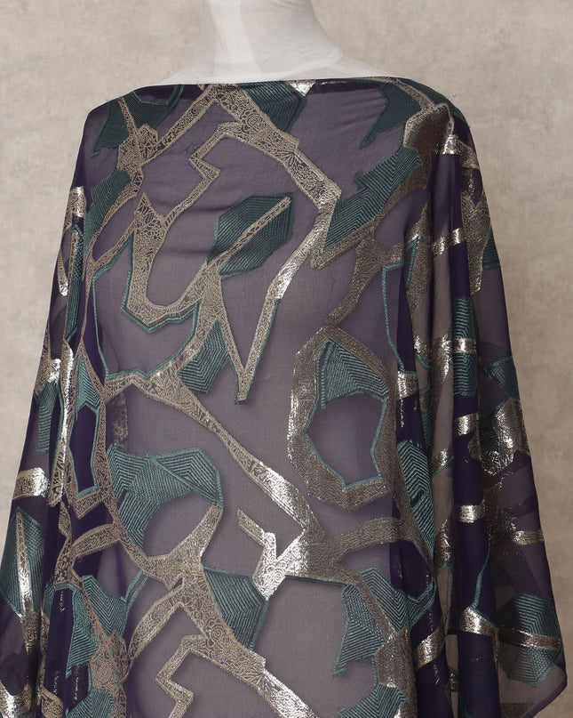 Navy Blue Somali Chiffon Dirac with Green & Silver Abstract Metallic Lurex Design, 3.5 Mtrs, Width 140 Cms, Made in South Korea-D24041 Regal Fabrics