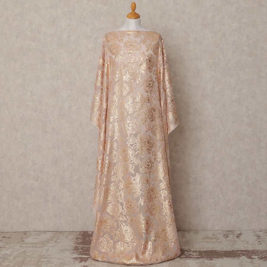 Blush Pink Somali Chiffon Dirac with Gold Floral Metallic Lurex Design, 3.5 Mtrs, Width 140 Cms, Made in South Korea-D24042