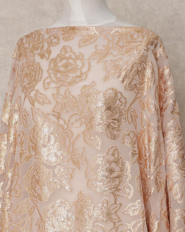 Blush Pink Somali Chiffon Dirac with Gold Floral Metallic Lurex Design, 3.5 Mtrs, Width 140 Cms, Made in South Korea-D24042