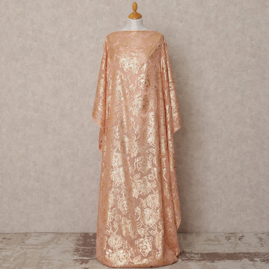 Peach Somali Chiffon Dirac with Gold Floral Metallic Lurex Design, 3.5 Mtrs, Width 140 Cms, Made in South Korea-D24043 Regal Fabrics