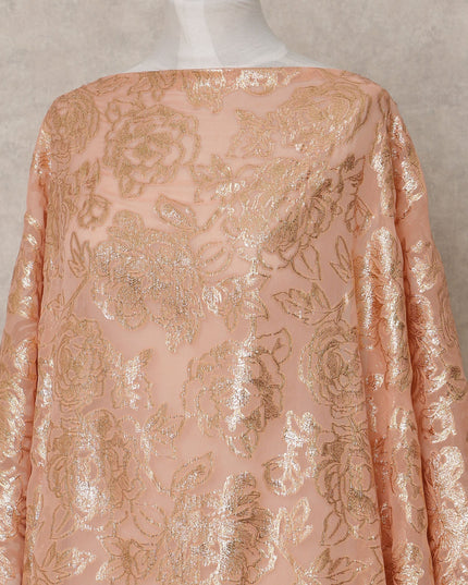 Peach Somali Chiffon Dirac with Gold Floral Metallic Lurex Design, 3.5 Mtrs, Width 140 Cms, Made in South Korea-D24043 Regal Fabrics