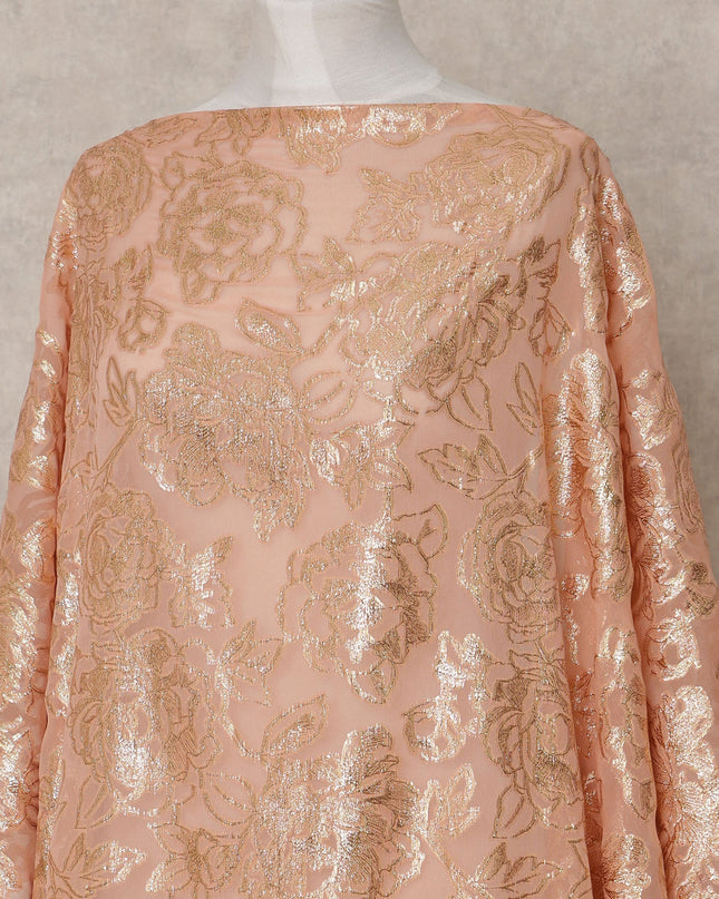 Peach Somali Chiffon Dirac with Gold Floral Metallic Lurex Design, 3.5 Mtrs, Width 140 Cms, Made in South Korea-D24043 Regal Fabrics