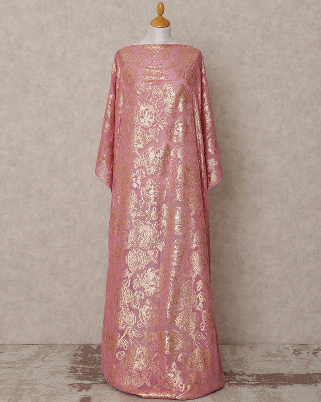 Rose Pink Somali Chiffon Dirac with Gold Floral Metallic Lurex Design, 3.5 Mtrs, Width 140 Cms, Made in South Korea-D24044