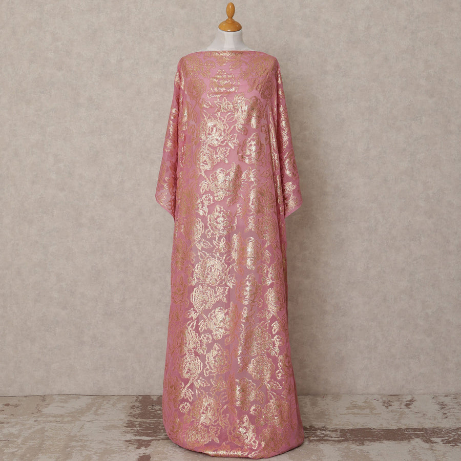 Rose Pink Somali Chiffon Dirac with Gold Floral Metallic Lurex Design, 3.5 Mtrs, Width 140 Cms, Made in South Korea-D24044