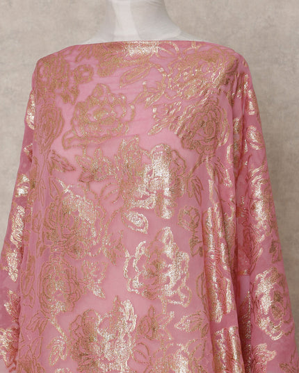 Rose Pink Somali Chiffon Dirac with Gold Floral Metallic Lurex Design, 3.5 Mtrs, Width 140 Cms, Made in South Korea-D24044
