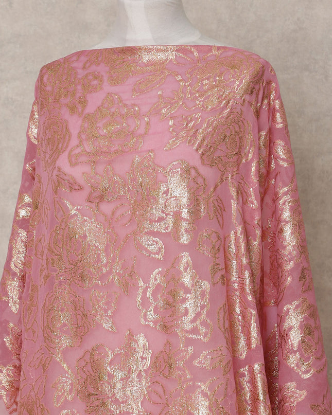 Rose Pink Somali Chiffon Dirac with Gold Floral Metallic Lurex Design, 3.5 Mtrs, Width 140 Cms, Made in South Korea-D24044