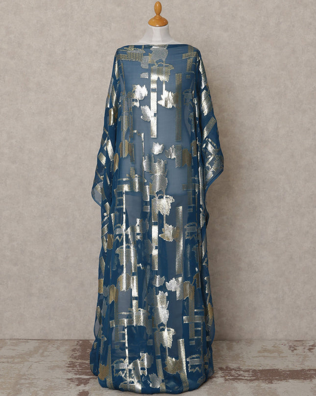 Teal Blue Somali Chiffon Dirac with Gold & Silver Abstract Metallic Lurex Design, 3.5 Mtrs, Width 140 Cms, Made in South Korea-D24045 Regal Fabrics