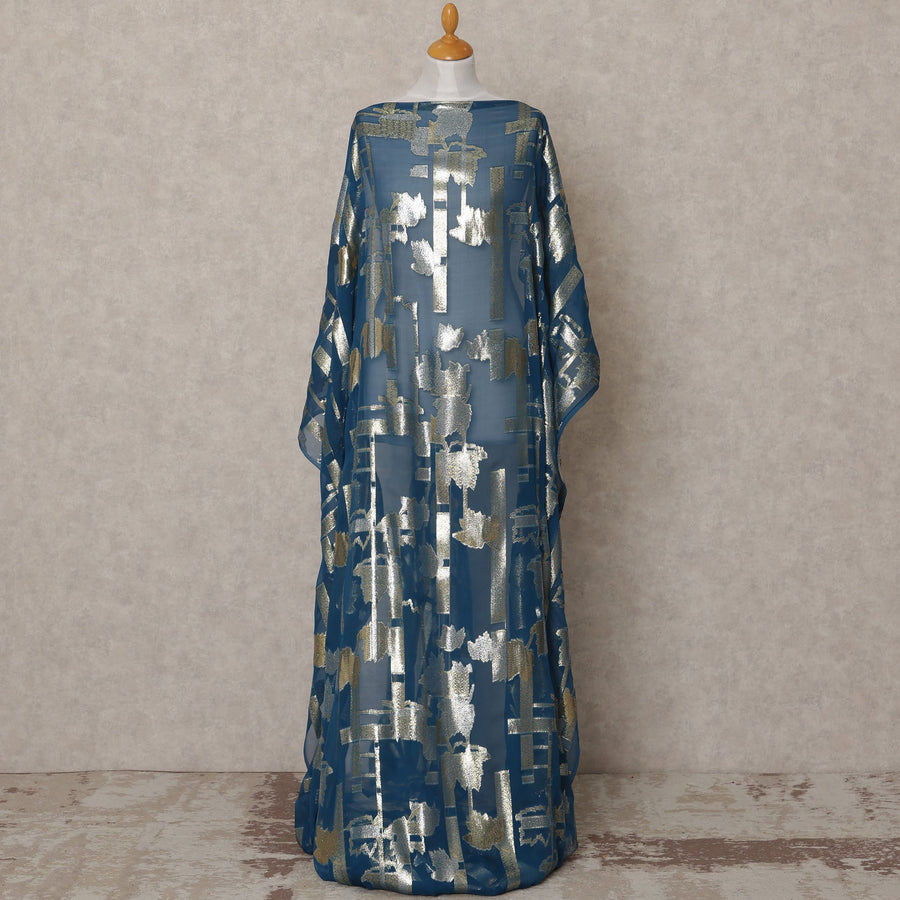 Teal Blue Somali Chiffon Dirac with Gold & Silver Abstract Metallic Lurex Design, 3.5 Mtrs, Width 140 Cms, Made in South Korea-D24045 Regal Fabrics