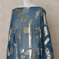 Teal Blue Somali Chiffon Dirac with Gold & Silver Abstract Metallic Lurex Design, 3.5 Mtrs, Width 140 Cms, Made in South Korea-D24045 Regal Fabrics