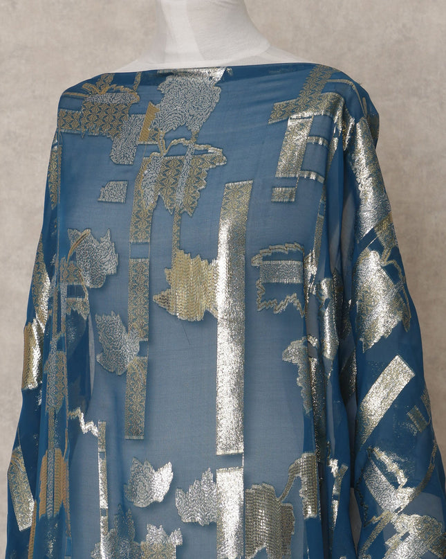 Teal Blue Somali Chiffon Dirac with Gold & Silver Abstract Metallic Lurex Design, 3.5 Mtrs, Width 140 Cms, Made in South Korea-D24045 Regal Fabrics