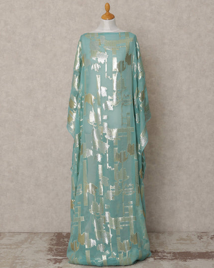 Aqua Green Somali Chiffon Dirac with Gold & Silver Abstract Metallic Lurex Design, 3.5 Mtrs, Width 140 Cms, Made in South Korea-D24046