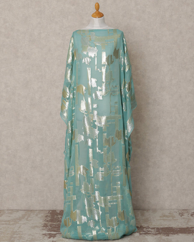 Aqua Green Somali Chiffon Dirac with Gold & Silver Abstract Metallic Lurex Design, 3.5 Mtrs, Width 140 Cms, Made in South Korea-D24046