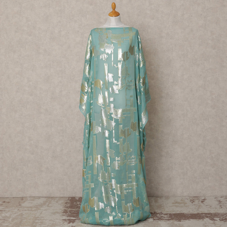 Aqua Green Somali Chiffon Dirac with Gold & Silver Abstract Metallic Lurex Design, 3.5 Mtrs, Width 140 Cms, Made in South Korea-D24046