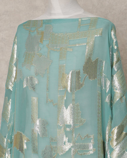 Aqua Green Somali Chiffon Dirac with Gold & Silver Abstract Metallic Lurex Design, 3.5 Mtrs, Width 140 Cms, Made in South Korea-D24046