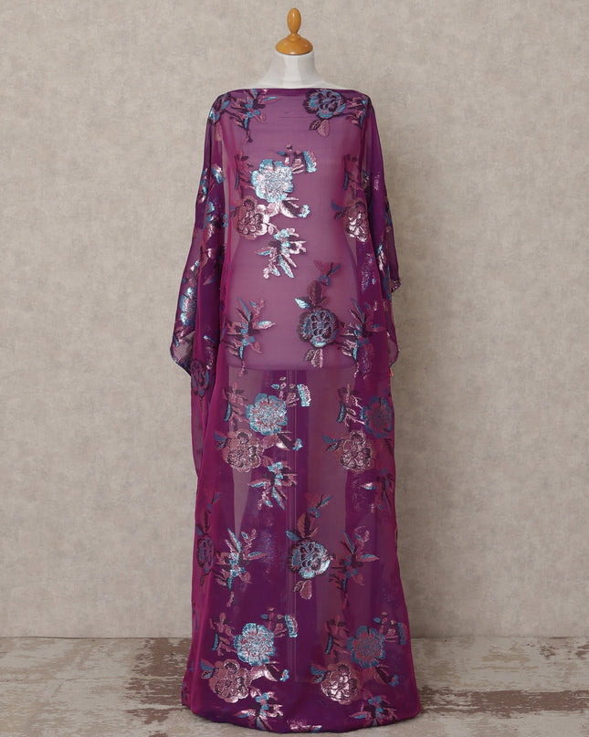 Magenta Purple Somali Chiffon Dirac with Blue & Rose Gold Floral Metallic Lurex Design, 3.5 Mtrs, Width 140 Cms, Made in South Korea-D24047 Regal Fabrics