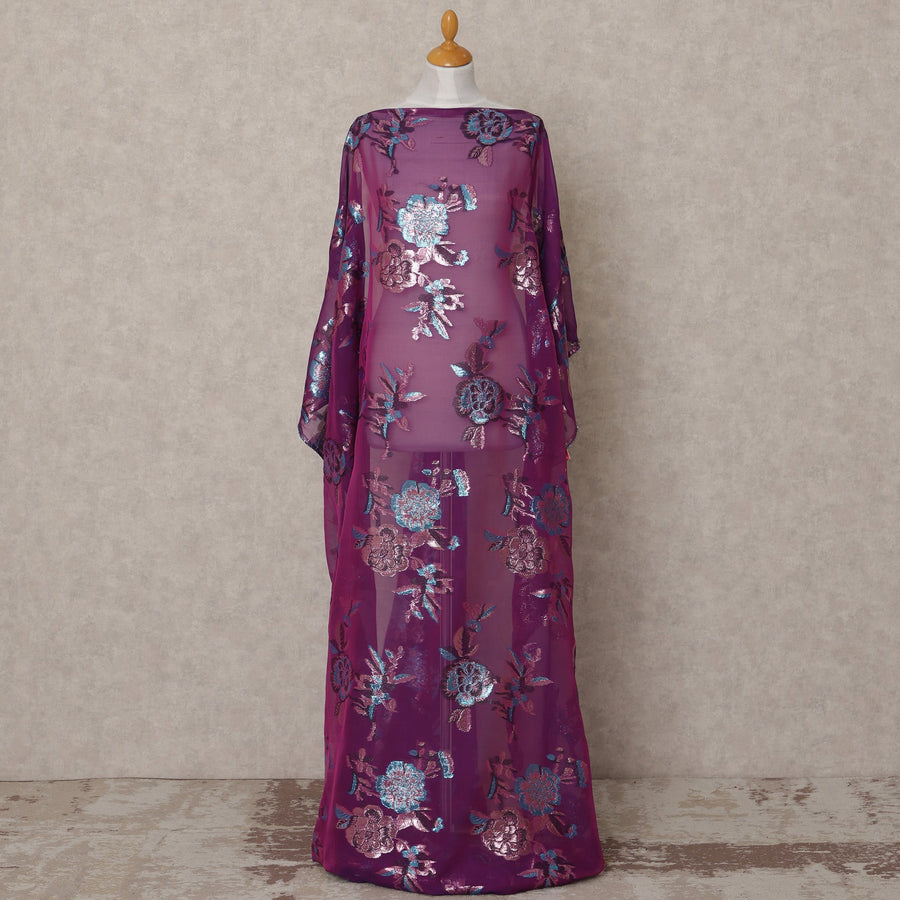 Magenta Purple Somali Chiffon Dirac with Blue & Rose Gold Floral Metallic Lurex Design, 3.5 Mtrs, Width 140 Cms, Made in South Korea-D24047 Regal Fabrics