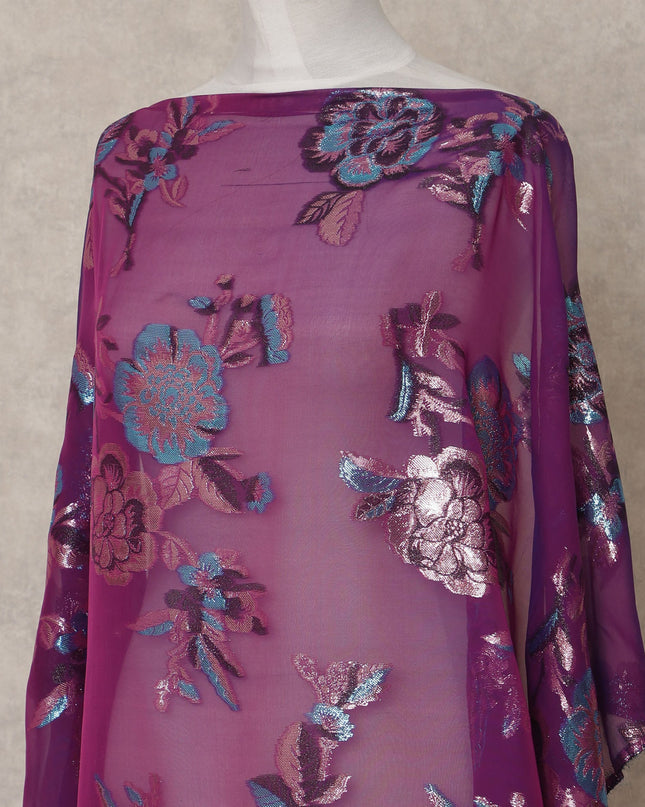 Magenta Purple Somali Chiffon Dirac with Blue & Rose Gold Floral Metallic Lurex Design, 3.5 Mtrs, Width 140 Cms, Made in South Korea-D24047 Regal Fabrics