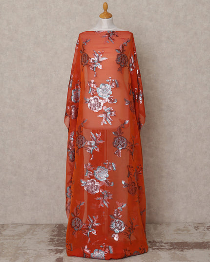 Burnt Orange Somali Chiffon Dirac with Blue & Rose Gold Floral Metallic Lurex Design, 3.5 Mtrs, Width 140 Cms, Made in South Korea-D24048