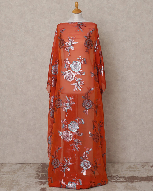 Burnt Orange Somali Chiffon Dirac with Blue & Rose Gold Floral Metallic Lurex Design, 3.5 Mtrs, Width 140 Cms, Made in South Korea-D24048