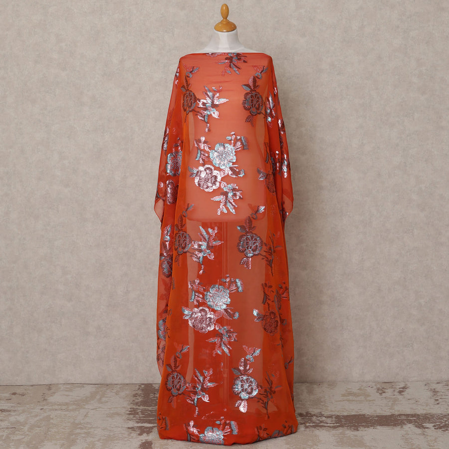 Burnt Orange Somali Chiffon Dirac with Blue & Rose Gold Floral Metallic Lurex Design, 3.5 Mtrs, Width 140 Cms, Made in South Korea-D24048