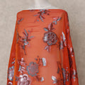 Burnt Orange Somali Chiffon Dirac with Blue & Rose Gold Floral Metallic Lurex Design, 3.5 Mtrs, Width 140 Cms, Made in South Korea-D24048