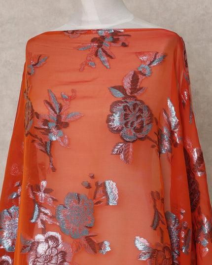 Burnt Orange Somali Chiffon Dirac with Blue & Rose Gold Floral Metallic Lurex Design, 3.5 Mtrs, Width 140 Cms, Made in South Korea-D24048