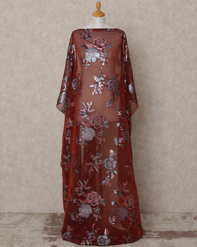 Maroon Somali Chiffon Dirac with Pink & Blue Floral Metallic Lurex Design, 3.5 Mtrs, Width 140 Cms, Made in South Korea-D24049