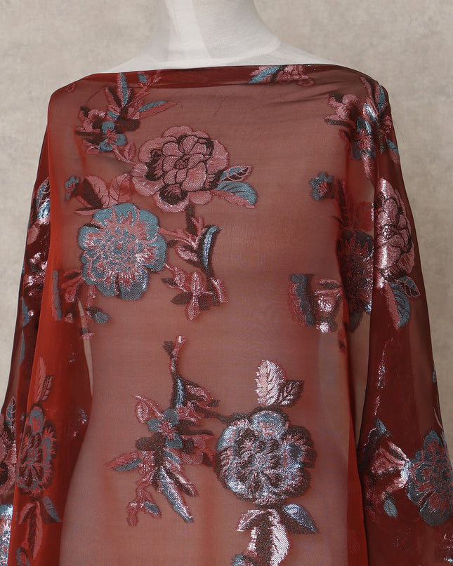 Maroon Somali Chiffon Dirac with Pink & Blue Floral Metallic Lurex Design, 3.5 Mtrs, Width 140 Cms, Made in South Korea-D24049