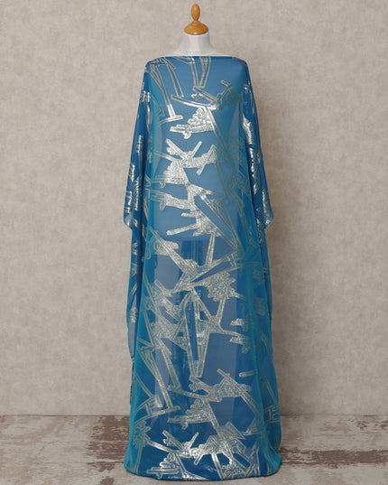 Turquoise Blue Somali Chiffon Dirac with Silver Geometric Lurex Work, 3.5 Mtrs, Width 140 Cms, Made in South Korea-D24050