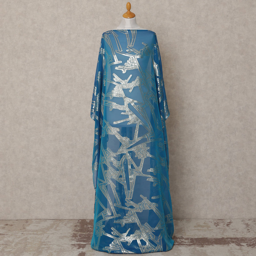 Turquoise Blue Somali Chiffon Dirac with Silver Geometric Lurex Work, 3.5 Mtrs, Width 140 Cms, Made in South Korea-D24050